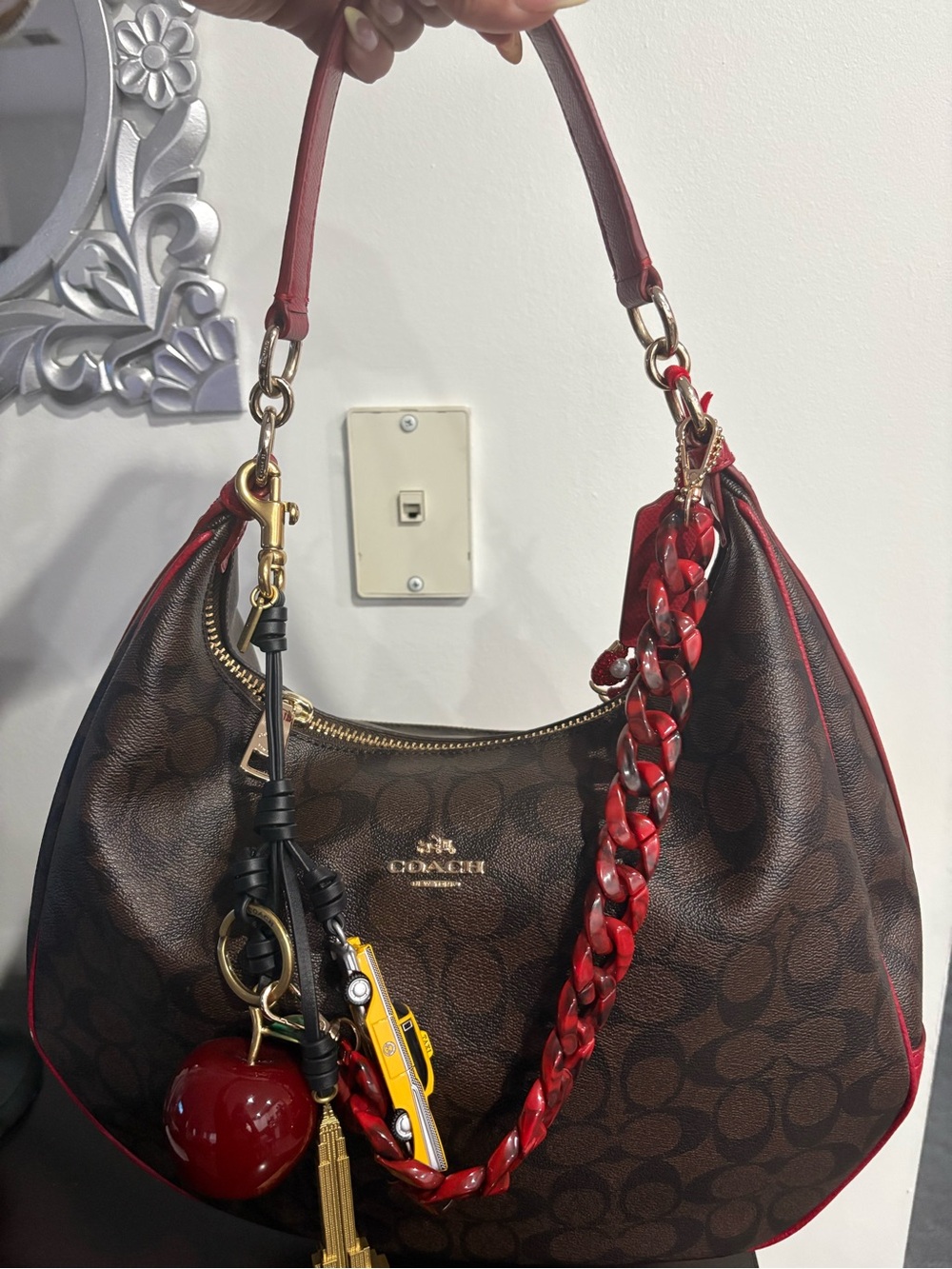 Coach Brown Signature Hobo Bag with Red Trim (Charms NOT included)
